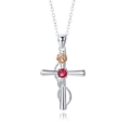 Silver cross necklace with red gemstone and rose gold flower detail pendant - Cross January Rose