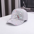 Detail of colorful butterfly rhinestone embroidery and 3D pink flower on grey baseball cap - One Size / Gray