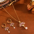 Set gioielli foglia di ginkgo con gemme rosa e perle in stile vintage retrò - Set Foglia di Ginkgo Oro Zircone Rosa