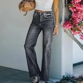 Stylish high-waisted distressed wide-leg jeans for women in dark grey wash denim fabric - Black and Gray