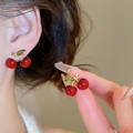 Elegant red cherry stud earrings with green zircon leaves and gold finish for women - Cherry Shaped Zirconia Hook Earrings (49#) / Burgundy