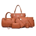 Brown woven 6-piece women handbag set including tote, crossbody, and clutch bags - Tan