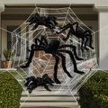 Giant white Halloween spider web with black plush spiders for haunted house porch decor - 3.6m White Round Web + 75CM Spider*2 + 50CM Spider + 30CM Spider