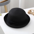 Kids black straw fedora hat with elegant ribbon bow for beach sun protection - S (52-54cm) / Black