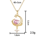 Golden moon and pink heart pendant necklace with zircon bow accents and long chain - Moon Star Heart