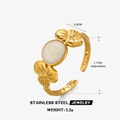 Adjustable stainless steel flower ring with golden petals and white enamel finish - Gold Flower Ring-White