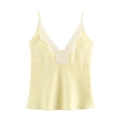 Pale yellow lace trim satin camisole with silk texture and V-neckline on white background - XS / Light Yellow