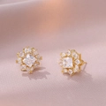 Gold flower-shaped earrings with square zircon and cluster crystals on purple silk - Square Main Stone Flower Cluster Style (E0879)