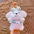 Porte-clés chien en peluche blanc avec nœud floral et clip doré, charm de sac mignon - Chiot en Robe Florale / Bleu