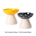 Ceramic mushroom-shaped cat bowls in yellow and black with white polka dot patterns - Elevated Mushroom Bowl Set (Yellow + Black)