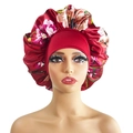 Floral red satin bonnet with a wide elastic burgundy headband for hair protection - 10892 Red Floral