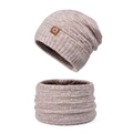 Winter two-piece knit hat and scarf set in oatmeal beige with cozy fleece lining - Khaki