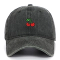 Close-up of cherry embroidery on smoke gray washed cotton baseball cap texture - Army Green