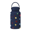 Dark blue 650ml vacuum insulated bottle with floral print and portable carry handle - Indigo Blue Floral Print