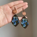 Retro teardrop wooden earrings with hand-painted blue daisies and bronze ear hooks - Ear Hook-Coffee