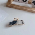 Medium 7.5cm rectangle shark clip with gold metal and black white marble acetate pattern - Black and White