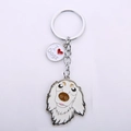 Metal dachshund keychain with white cartoon dog pendant and I Love Dogs engraved tag - White Dog Head + Heart