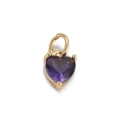 Detailed view of heart-shaped gold pendant with purple faceted zircon and connector ring - Purple