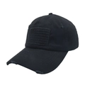 Distressed black baseball cap with American flag velcro patch and vintage torn details - Black with Blue Line Flag
