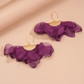 Detailed shot of purple chiffon flower earrings with golden metal semi-circle accents - Purple