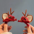 Christmas reindeer horn hair clips with brown antlers and red knitted bows - Knitted Antlers Coffee