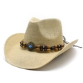 Cappello da cowboy in paglia intrecciata con perline in legno e turchese - M (56-58cm) / Beige