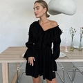 Elegant black V-neck ruffled mini dress with bell sleeves and off-shoulder design - S / Black