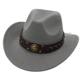 Detail of grey felt cowboy hat featuring a leather band with rivets and horseshoe badge - Light Gray