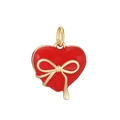 Detail of a red enamel heart pendant with a gold bow accent and a top hanging ring - Red Heart Pendant with Golden Bow