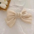 French vintage beige pearly satin bow hair clip elegantly styled with white tulips - Off White
