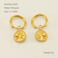 Gold-plated stainless steel hoop earrings with sunburst star pendants on beige background - Eight-pointed Star Style (ZYG993) / Gold