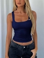 Slim fit navy blue square neck tank top for women in a Y2K minimalist summer style - Navy Blue