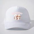 White trucker hat with GAMEDAY football and pink bow design, adjustable mesh cap for women - One Size / White