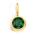 Detail of round emerald green birthstone charm with gold bezel setting and bail - May - Green - Gold Color