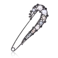 Macro detail of vintage safety pin brooch with multi-colored pearls and dark rhinestones - Vintage Pearl Rhinestone Pin (JBSW54)