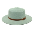 Detail of mint green boater hat featuring fine woven straw and brown leather belt - M (56-58cm) / Mint Green
