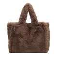 Brown faux fur tote bag with plush texture and top handles for winter outfits - Coffee