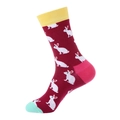 Dark red mid-calf sock featuring white rabbit patterns with colorful patchwork details - 945