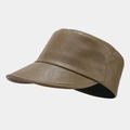 Detail of a brown PU leather equestrian hat with premium texture and wide sun visor - Dark Khaki