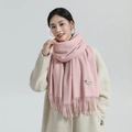 Thick pink cashmere scarf with fringe edges and ALL WIN label worn on a beige coat - Wool Style / 200x70cm / Pink