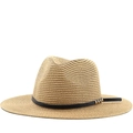 Cappello Panama classico in paglia kaki con cinturino in pelle nera e borchie dorate - M (56-58cm) / Cachi