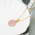 Golden stainless steel necklace with round pink enamel pendant featuring letter H - Pink-H
