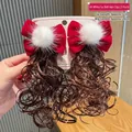Cute red velvet bow hair clips for girls with long brown curly hair extensions - White Fur Ball Wig (Hair Clip 024-Braid)