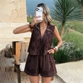 Women's summer two-piece leisure set with deep brown vest and embroidered shorts - S / Brown