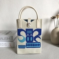 Beige knitted tote bag with blue geometric pattern and faux leather handles - Blue Vertical Stripe Whimsical Handle