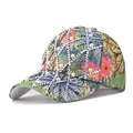 Detail einer bunten Blumen-Basecap mit glitzernden Silber-Strasssteinen und weißen Perlen - Verstellbar / Grün Mit Perlen Und Strass