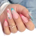 Pink and blue matte almond press-on nails with white daisy floral print and French tips 24pcs - Bz1502 Skin As Smooth As Porcelain / Glue Type