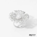 Silver stainless steel open ring featuring a hollow daisy flower with a white pearl center - Silver Ring (PB777)