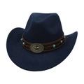 Detail of dark blue felt cowboy hat with leather band, turquoise beads and silver star - One Size / Navy Blue (Bronze Star)