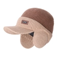 Winter knit baseball cap with earflaps in brown and khaki color block design - Coffee